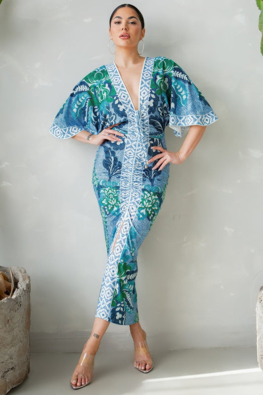 Front Ruched V-neck Midi Dress Shop One Place