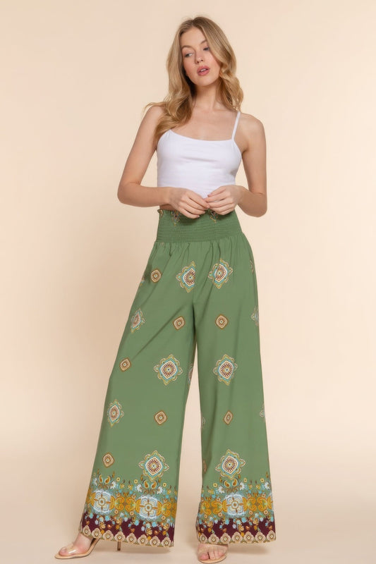 Wide Leg Border Print Woven Pants Shop One Place