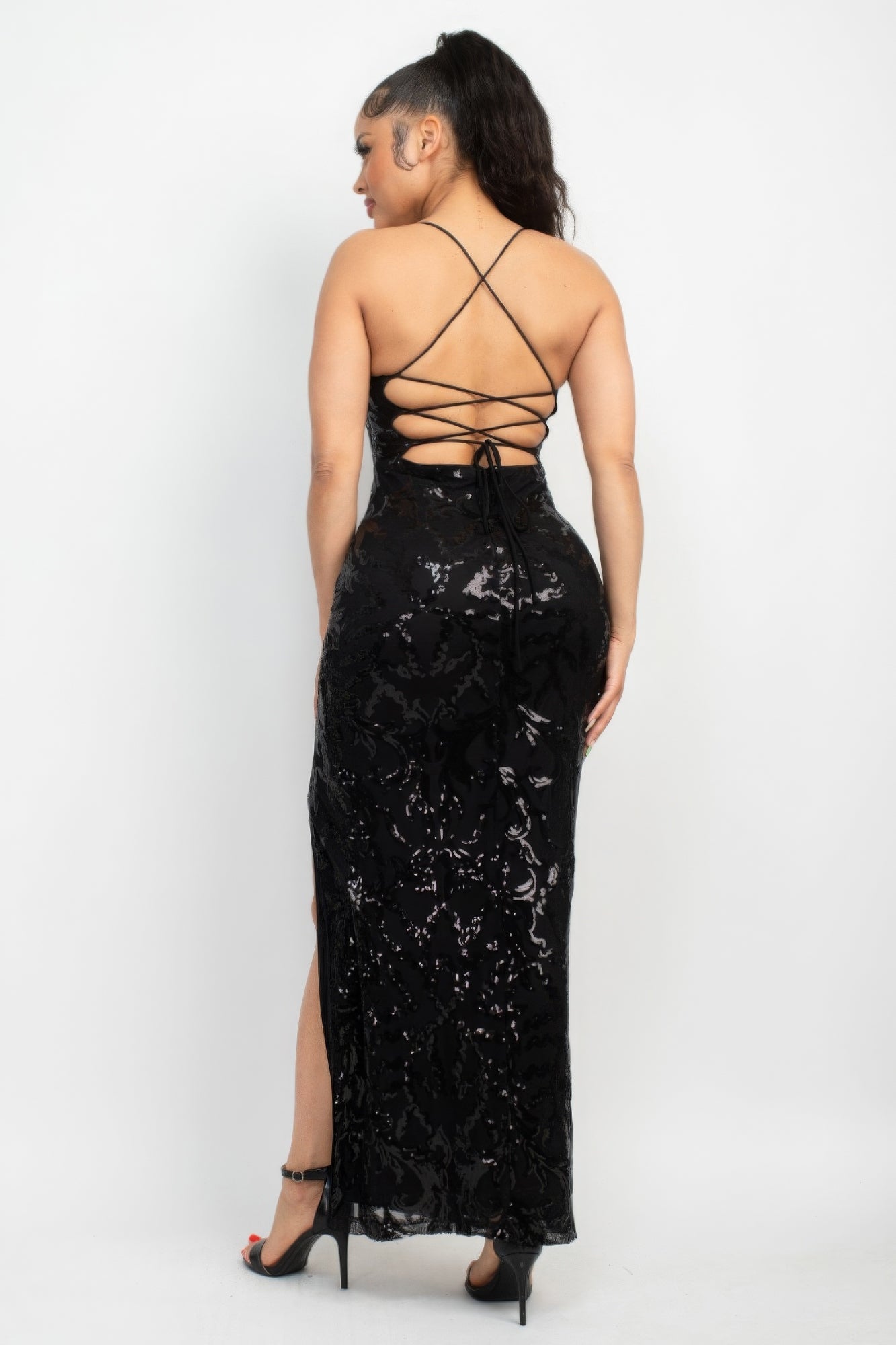 Sequin Back-crisscross Tie Slit Dress Shop One Place