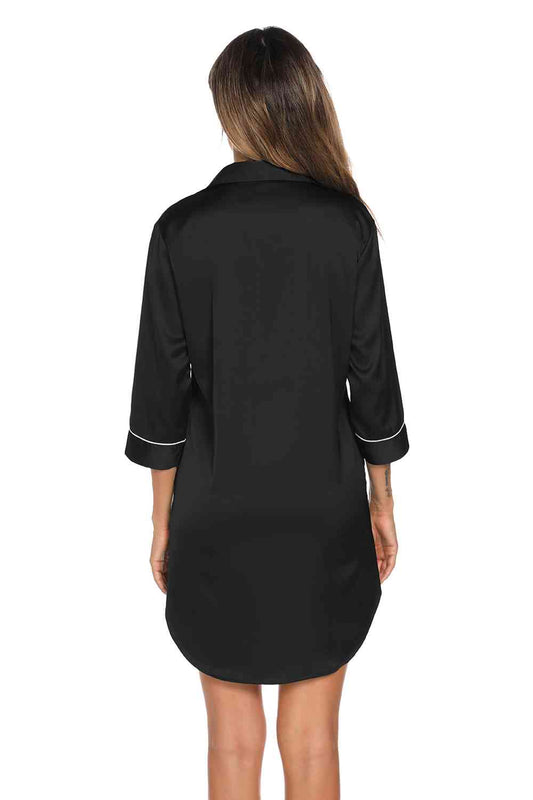 Button Up Collared Neck Night Dress with Pocket Shop One Place