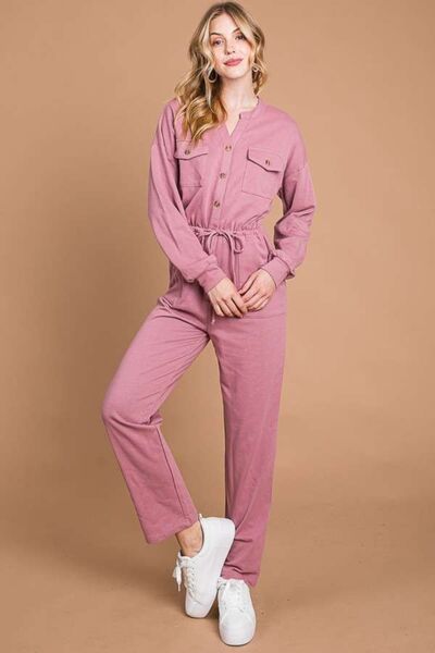 Culture Code Full Size Button Up Drawstring Waist Straight Jumpsuit Shop One Place
