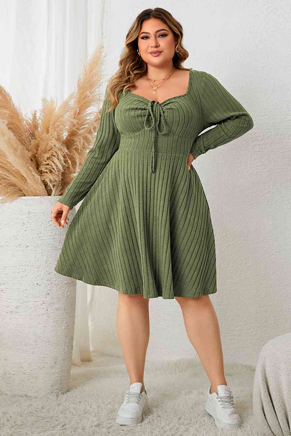 Plus Size Sweetheart Neck Long Sleeve Ribbed Dress Shop One Place