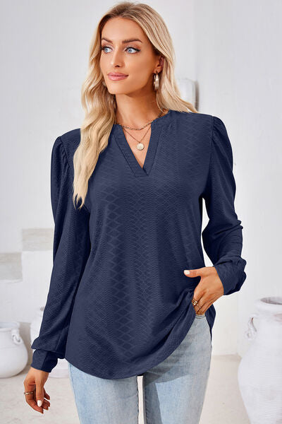 Ruched Notched Long Sleeve T-Shirt Shop One Place