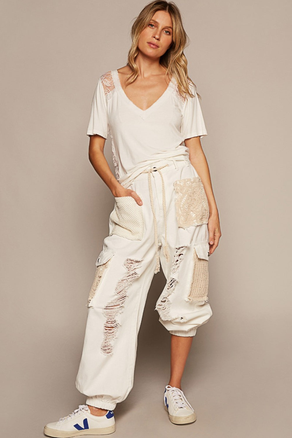 POL V-Neck Short Sleeve Lace Trim Top Shop One Place