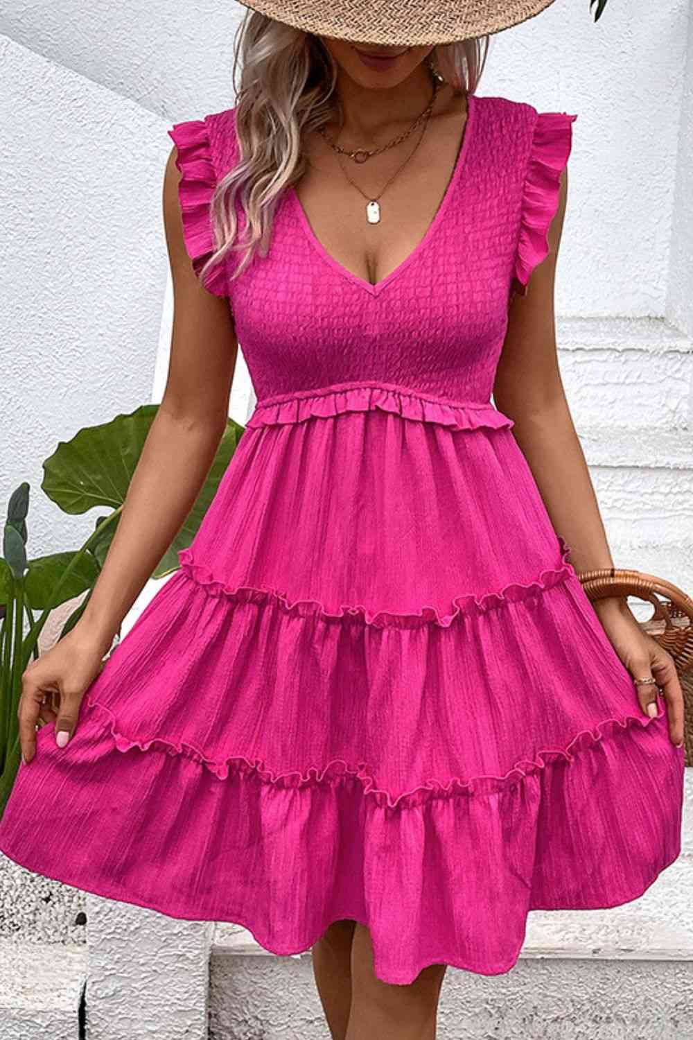Smocked Frill Trim Deep V Dress Shop One Place