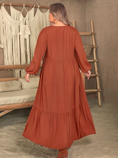 Plus Size Ruffled V-Neck Balloon Sleeve Dress Shop One Place