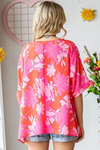 First Love Slit Printed Round Neck Half Sleeve Blouse Shop One Place