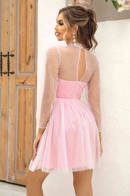 Tie Neck Open Back Mesh Dress Shop One Place