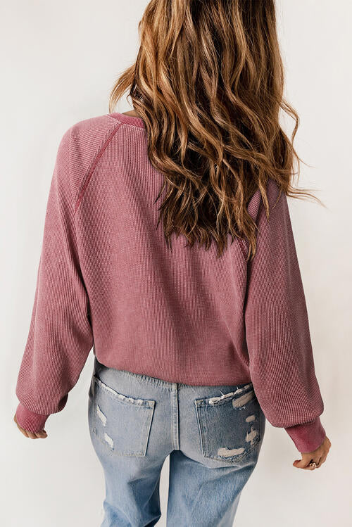 Waffle Knit Raglan Sleeve Henley Sweatshirt Shop One Place