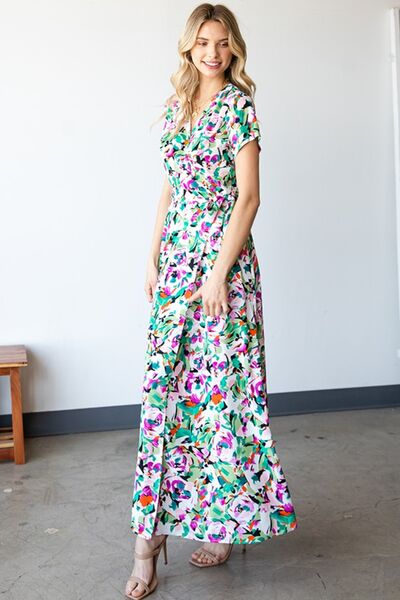 First Love Slit Printed Surplice Tie Waist Short Sleeve Dress Shop One Place