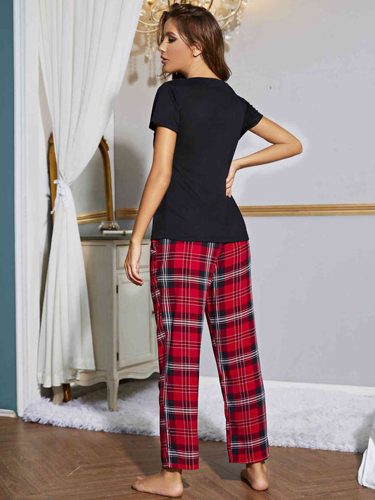 Heart Graphic V-Neck Top and Plaid Pants Lounge Set Shop One Place