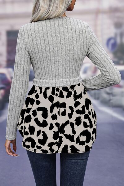 Leopard Peplum Round Neck Blouse Shop One Place