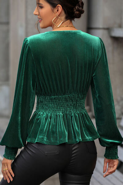 Smocked Surplice Lantern Sleeve Peplum Blouse Shop One Place