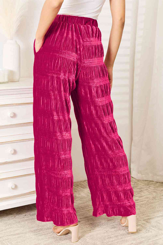 Double Take Full Size High Waist Tiered Shirring Velvet Wide Leg Pants Shop One Place