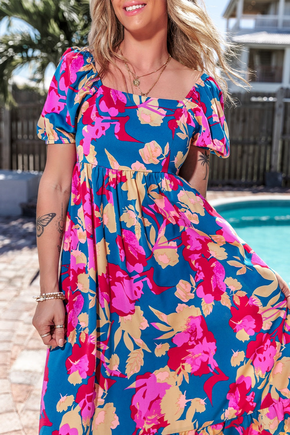Printed Square Neck Short Sleeve Midi Dress Shop One Place