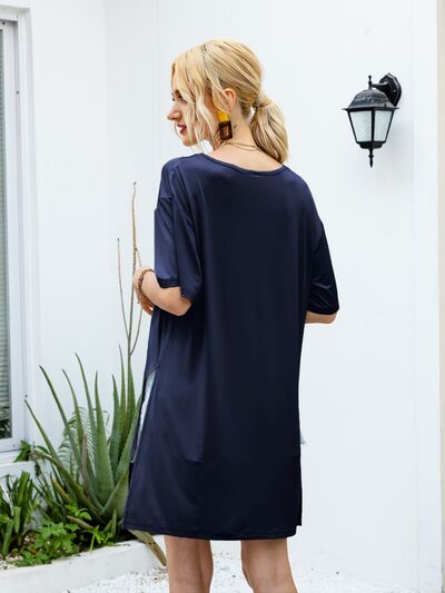 Slit Boat Neck Half Sleeve T-Shirt Shop One Place