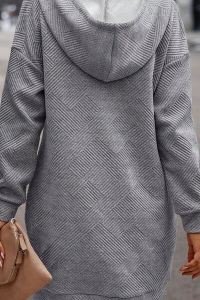 Texture Half Snap Drawstring Hooded Dress Shop One Place