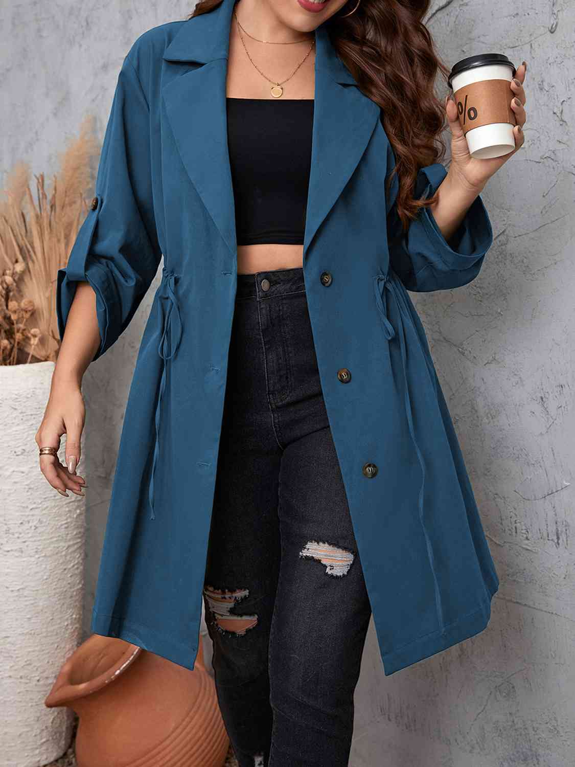 Plus Size Lapel Collar Drawstring Roll-Tab Sleeve Trench Coat Shop One Place