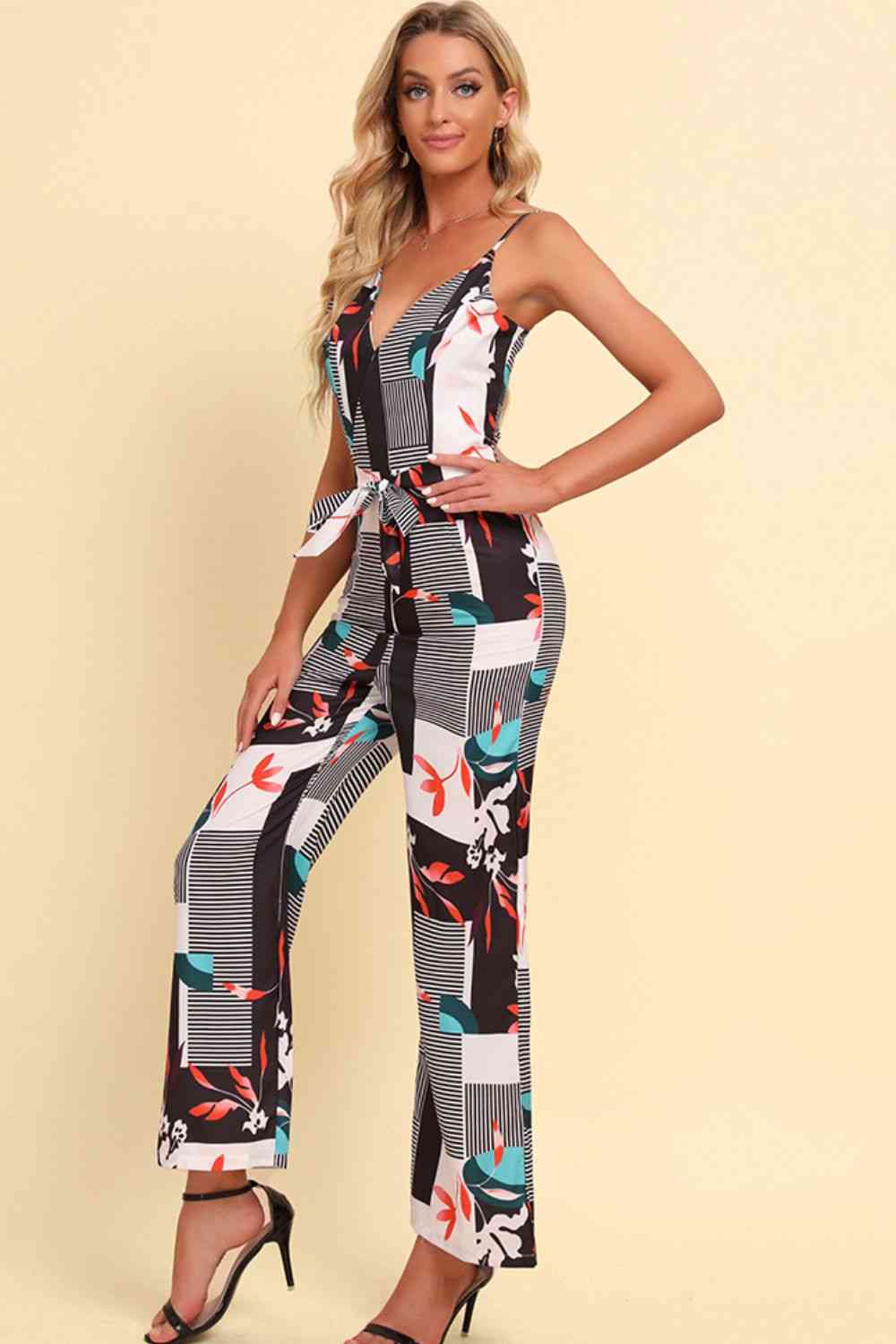 Printed Spaghetti Strap Tied Jumpsuit Shop One Place