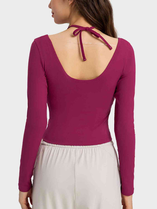Halter Neck Long Sleeve Sporty Top Shop One Place