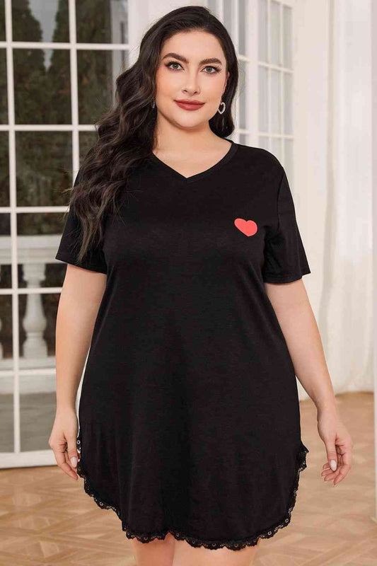 Plus Size Lace Trim V-Neck Short Sleeve Night Dress Shop One Place
