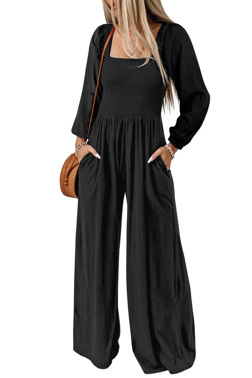 Square Neck Raglan Sleeve Jumpsuit with Pocket Shop One Place