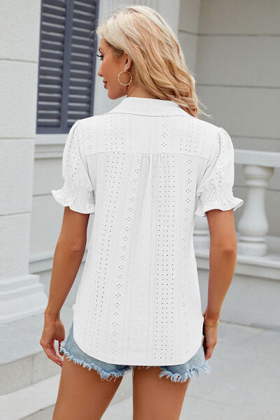 Eyelet Johnny Collar Short Sleeve Blouse Shop One Place