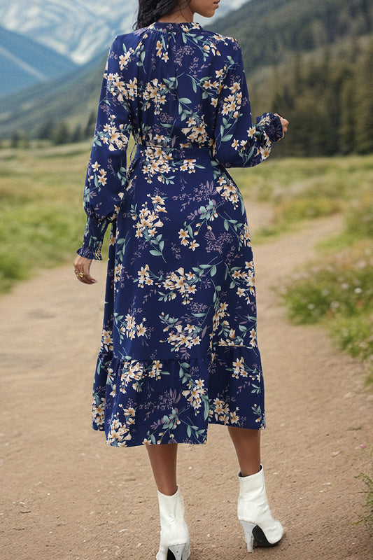 Printed Notched Lantern Sleeve Midi Dress Shop One Place