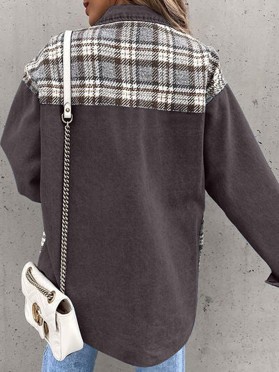 Plaid Button Up Dropped Shoulder Jacket Shop One Place