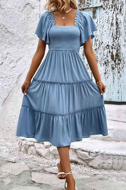 Smocked Square Neck Frill Trim Dress Shop One Place