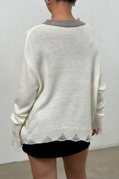 Distressed V-Neck Dropped Shoulder Sweater Shop One Place