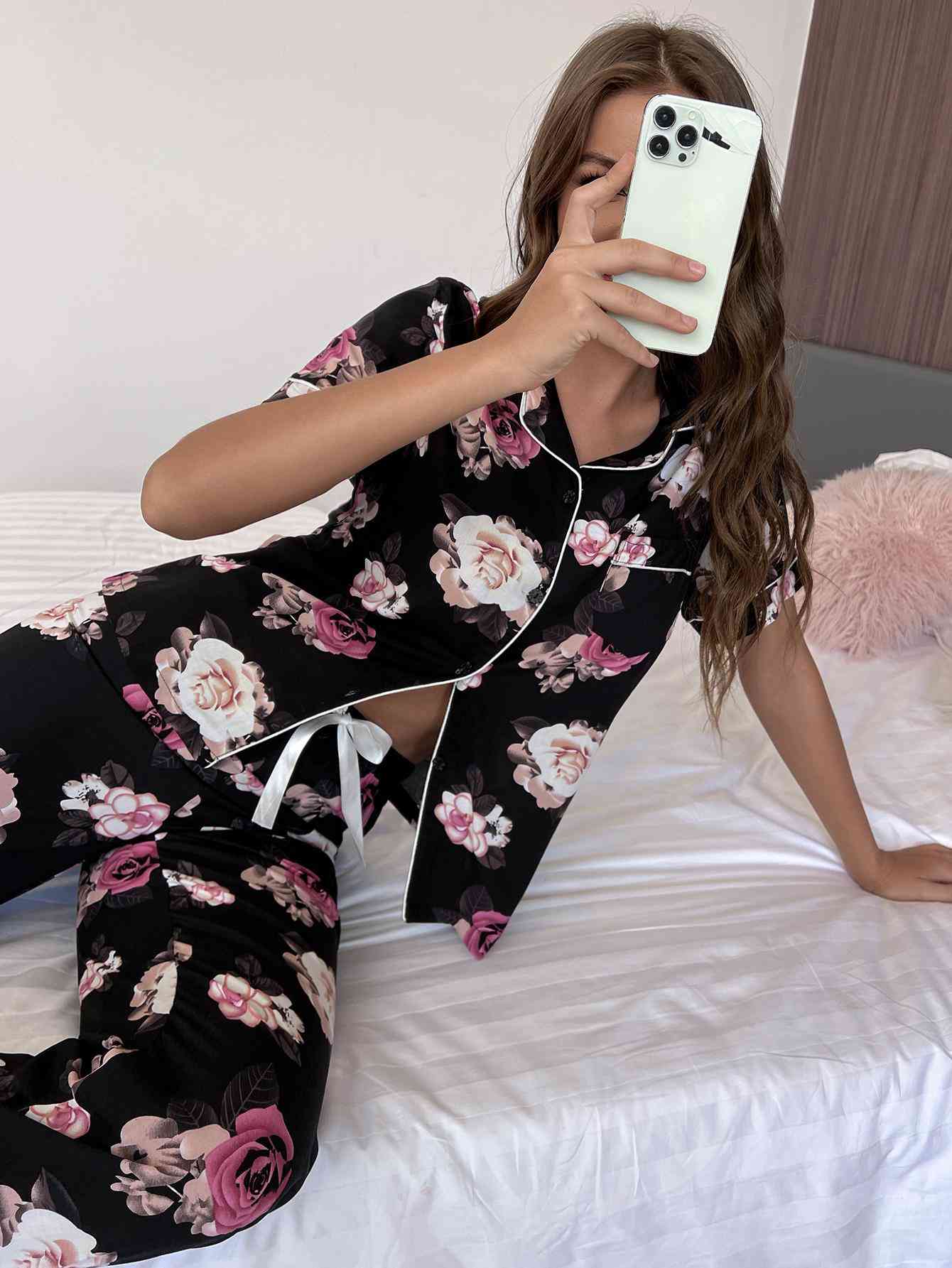 Floral Short Sleeve Shirt and Pants Lounge Set Shop One Place