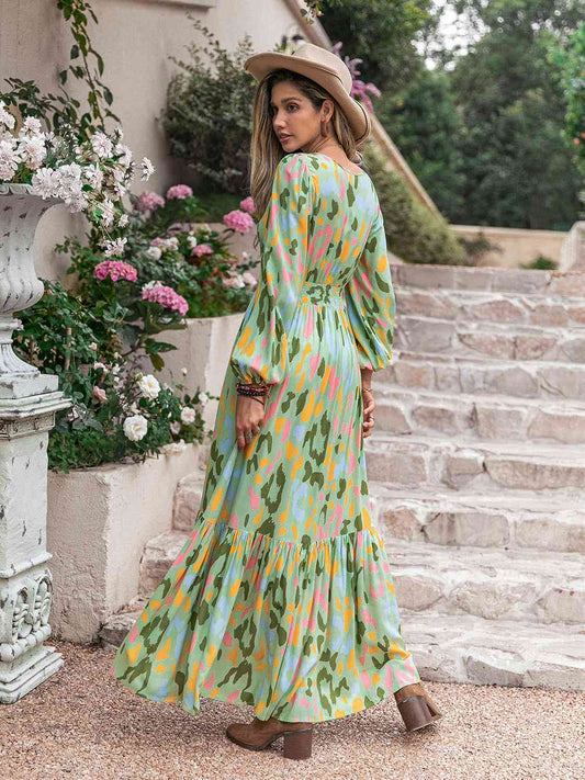 Printed Tie Neck Long Sleeve Maxi Dress Shop One Place