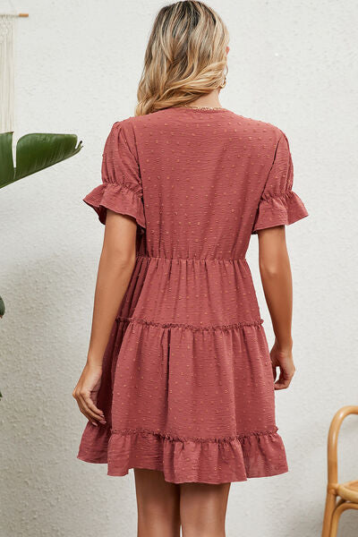 Swiss Dot V-Neck Flounce Sleeve Mini Dress Shop One Place