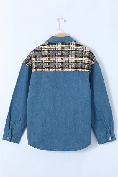 Plaid Pocketed Button Up Denim Jacket Shop One Place
