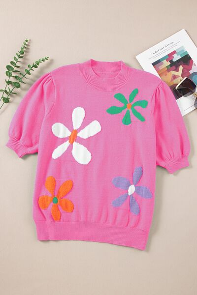 Flower Mock Neck Short Sleeve Sweater Shop One Place