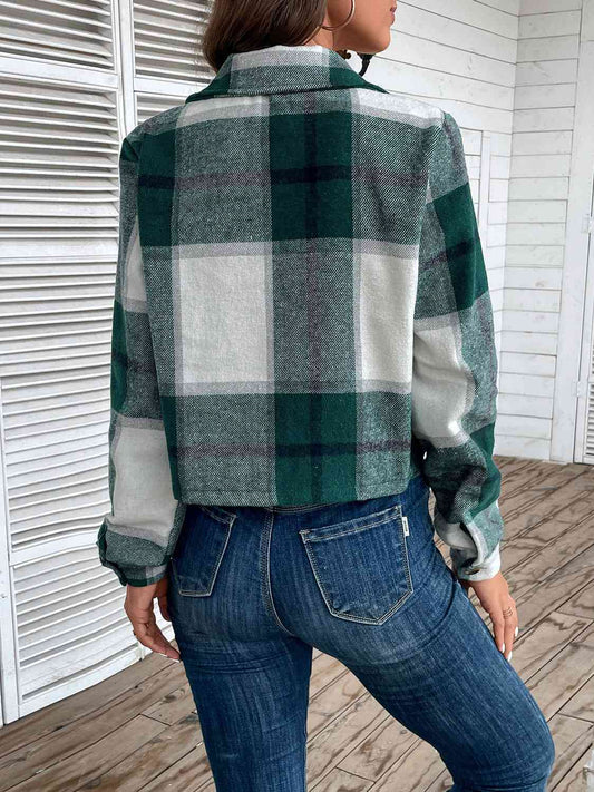 Plaid Collared Neck Button Up Long Sleeve Jacket Shop One Place