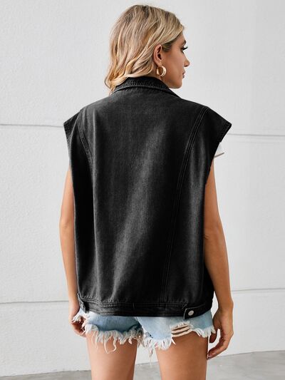 Pocketed Button Up Sleeveless Denim Jacket Shop One Place