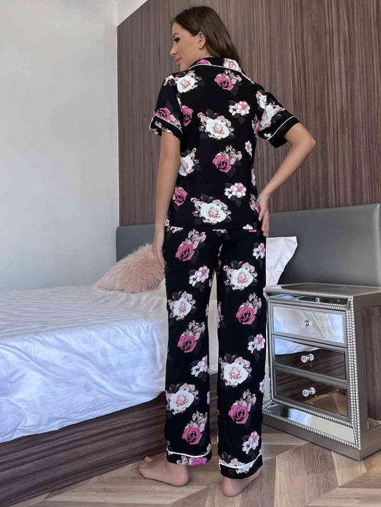 Floral Short Sleeve Shirt and Pants Lounge Set Shop One Place