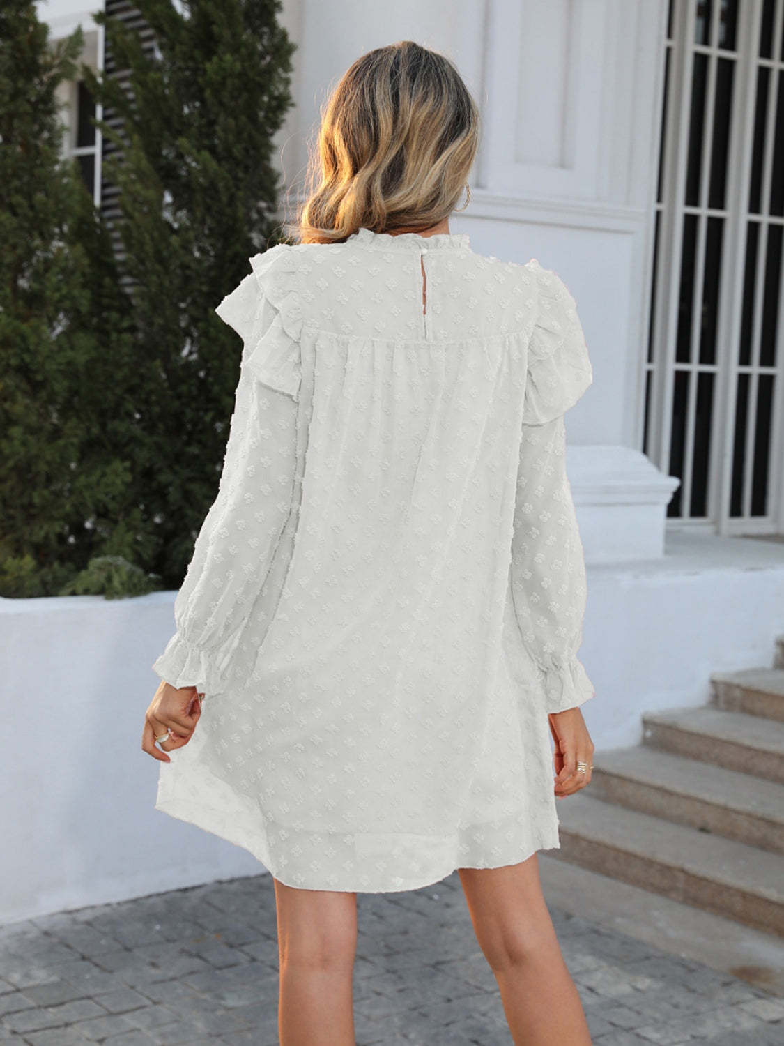 Swiss Dot Mock Neck Flounce Sleeve Dress Shop One Place