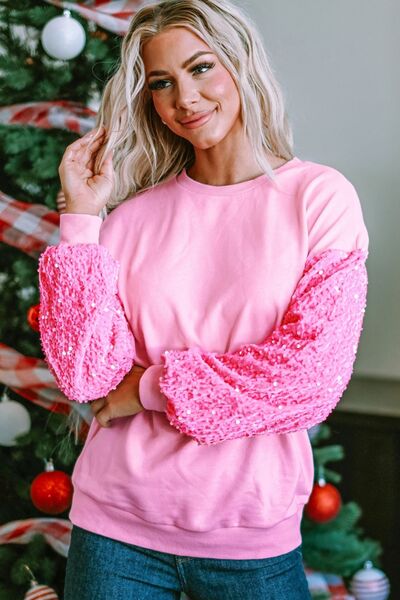 Sequin Round Neck Dropped Shoulder Sweatshirt Shop One Place