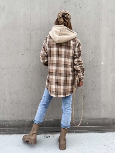 Plaid Dropped Shoulder Hooded Jacket Shop One Place