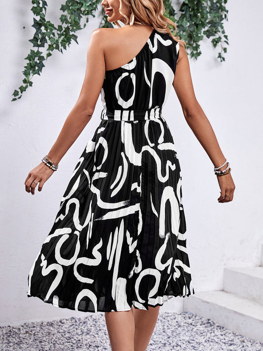 Printed Single Shoulder Tie Waist Dress Shop One Place