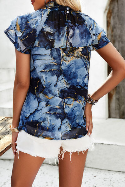 Printed Ruffled Mock Neck Blouse Shop One Place