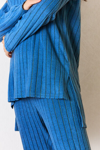 Basic Bae Full Size Ribbed Round Neck High-Low Slit Top and Pants Set Shop One Place