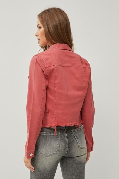 RISEN Raw Hem Button Up Cropped Denim Jacket Shop One Place