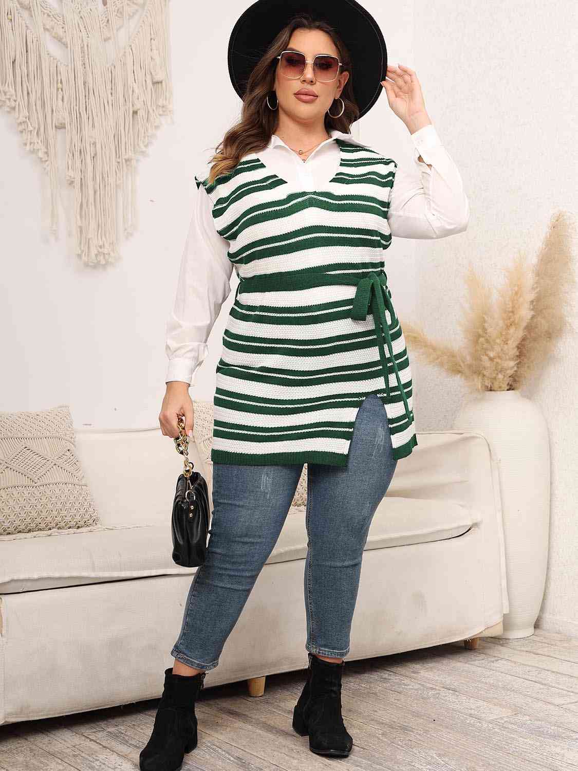 Plus Size Striped Colared Neck Tied Front Sweater Vest Shop One Place