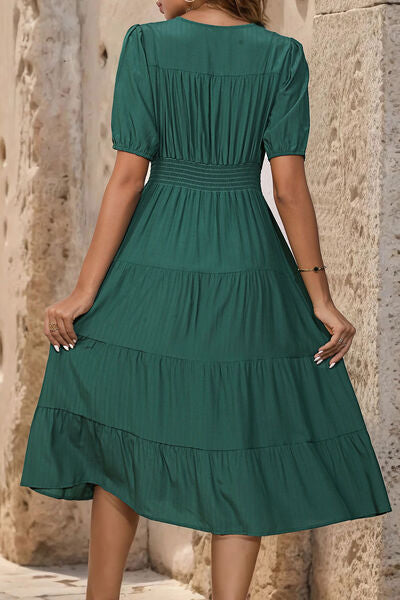 V-Neck Button Up Balloon Sleeve Midi Dress Shop One Place