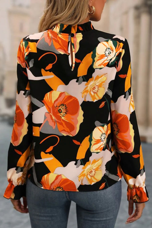 Floral Mock Neck Flounce Sleeve Blouse Shop One Place