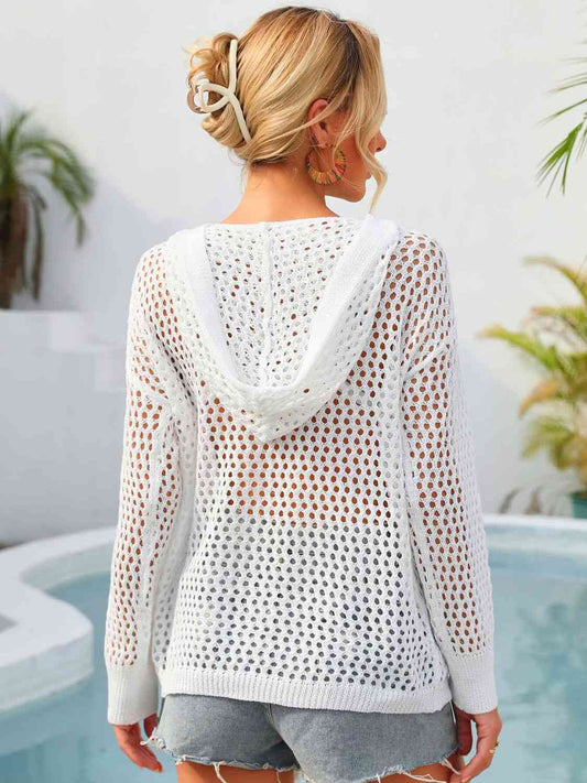 Flower Graphic Lace-Up Openwork Hooded Cover Up Shop One Place